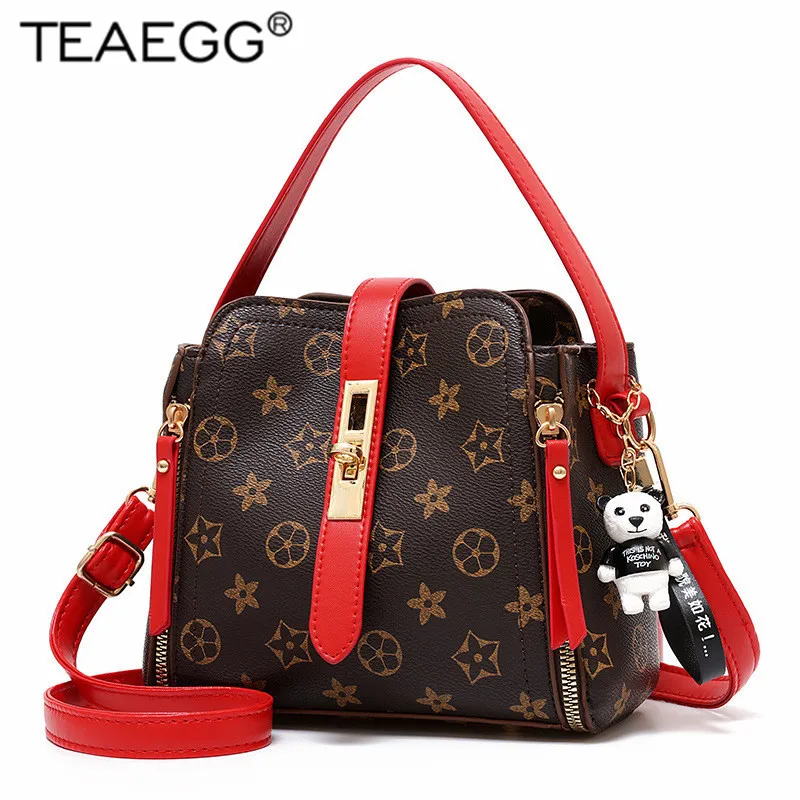 

TEAEGG Women's bag Women Leather Vintage Lady Bags Women messenger Shoulder bag Small Purse Sac A Main Bolsa With Bear Toy
