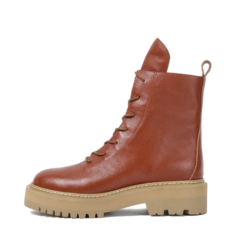 

CHAISHOU woman shoes plus size mid-calf genuine leather women's boots lace-up casual flat snow boots Platform shoes