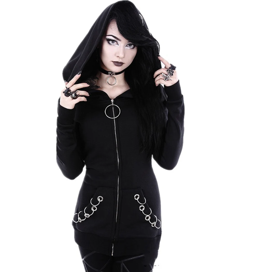 Halloween Gothic Punk Women Hoodies Cool Black Iron Ring Hooded Sweatshirt Tracksuits Retro Zipper Streetwear Pullovers Female