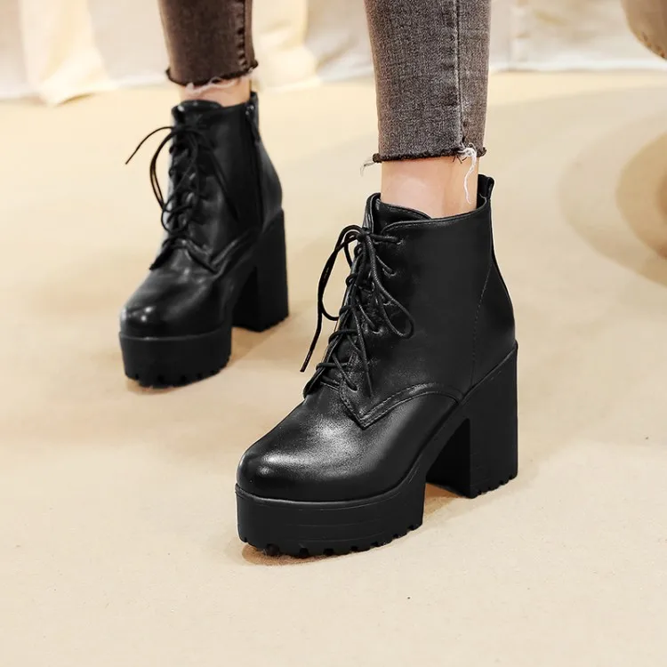 

Big Size 11 12 13 Ma'am Coarse heel Short boots Pure color Little round head Fashion boot barrel High heel boots