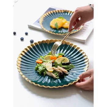 

ceramic 8 inch 10inch dinner plates creative deep green gold inlay line dishes and plates sets wedding plates steak plate