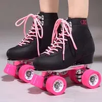 Двухрядные коньки, 4-х колесный каток для взрослых, на металлической подошве, черная обувь, розовые колеса, уличные роликовые коньки - Цвет: BLAPK