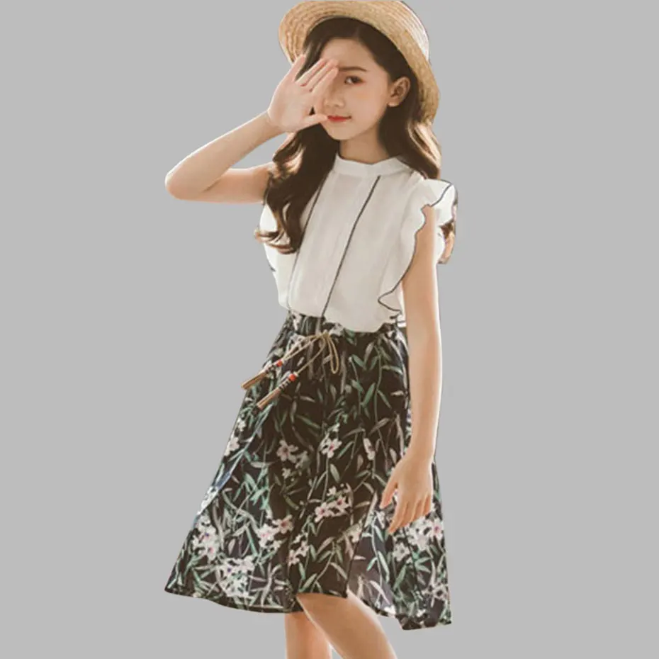 

Girls Clothes Set Solid Vest + Floral Skirt 2PCS Girls Summer Clothes Teenage Children Clothing 6 8 10 12 13 14 Year