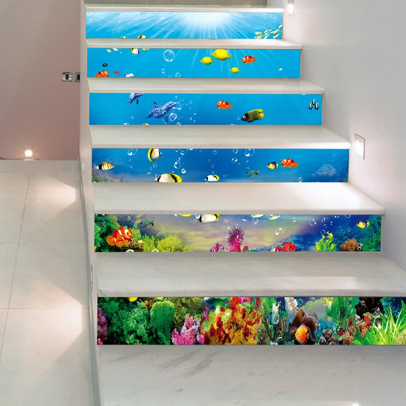 18x100CM 7 1x39 4 6PCS SET Sea Animals Tile Stair Sticker 3D Printing Removeable Waterproof Wallpaper