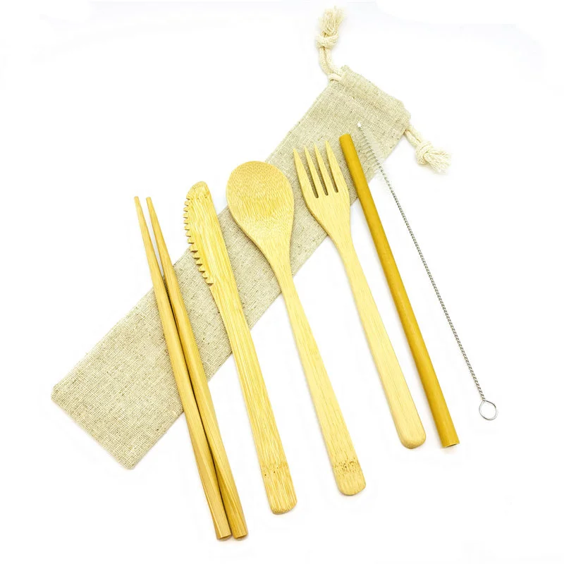 Бамбук дорожные столовые приборы многоразовый бамбуковый Набор ножей столовые приборы включают в себя вилка ложка нож соломенная Чистящая Щетка с сумкой для переноски