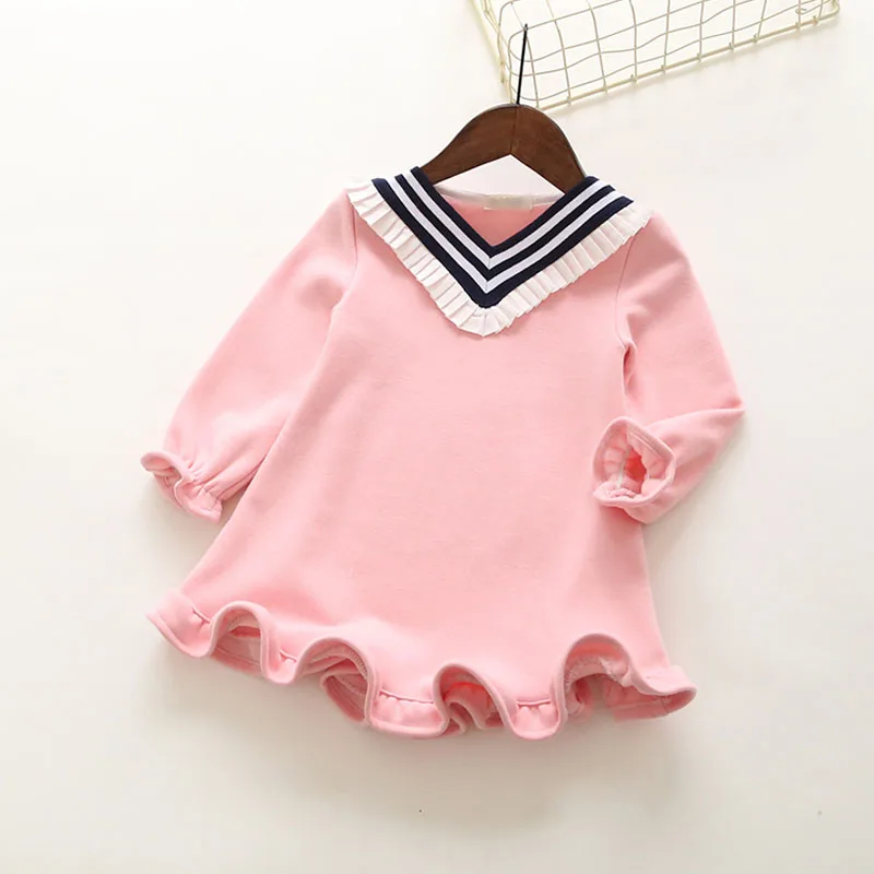 

Girls Spring And Autumn Long Sleeved Cotton College Princess Cute Brief Ruffles V-Neck Full Dress