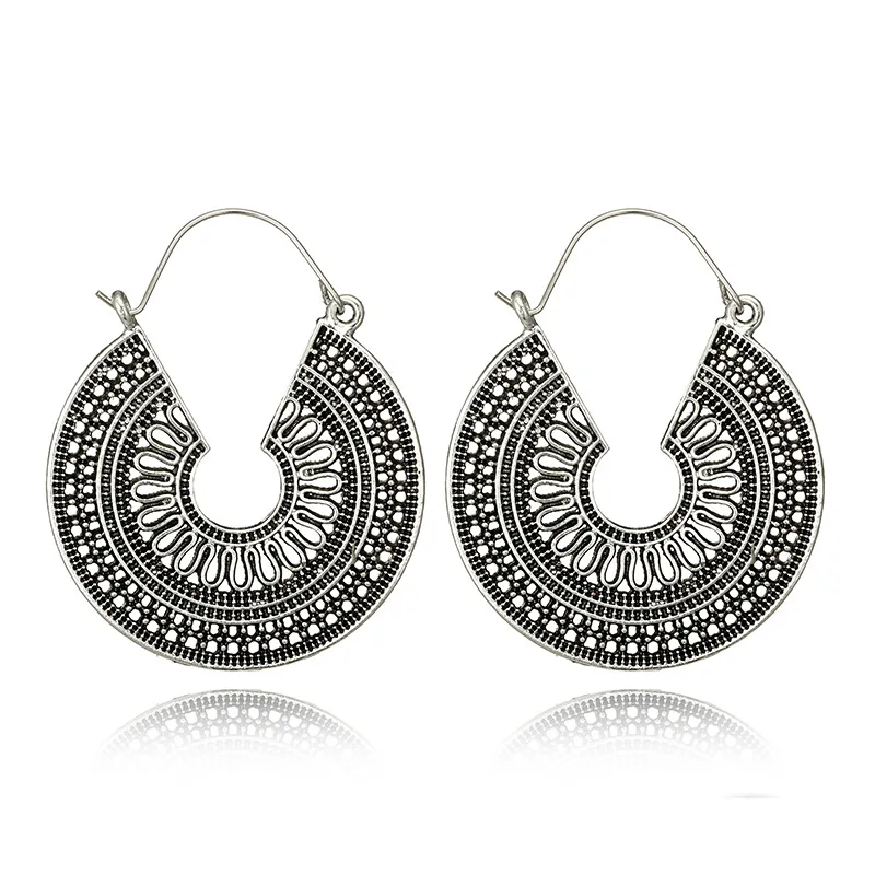 POHOUR Antique silver Gypsy Indian Tribal Ethnic Hoop Drop Dangle Mandala Earrings Boho - Окраска металла: Style6