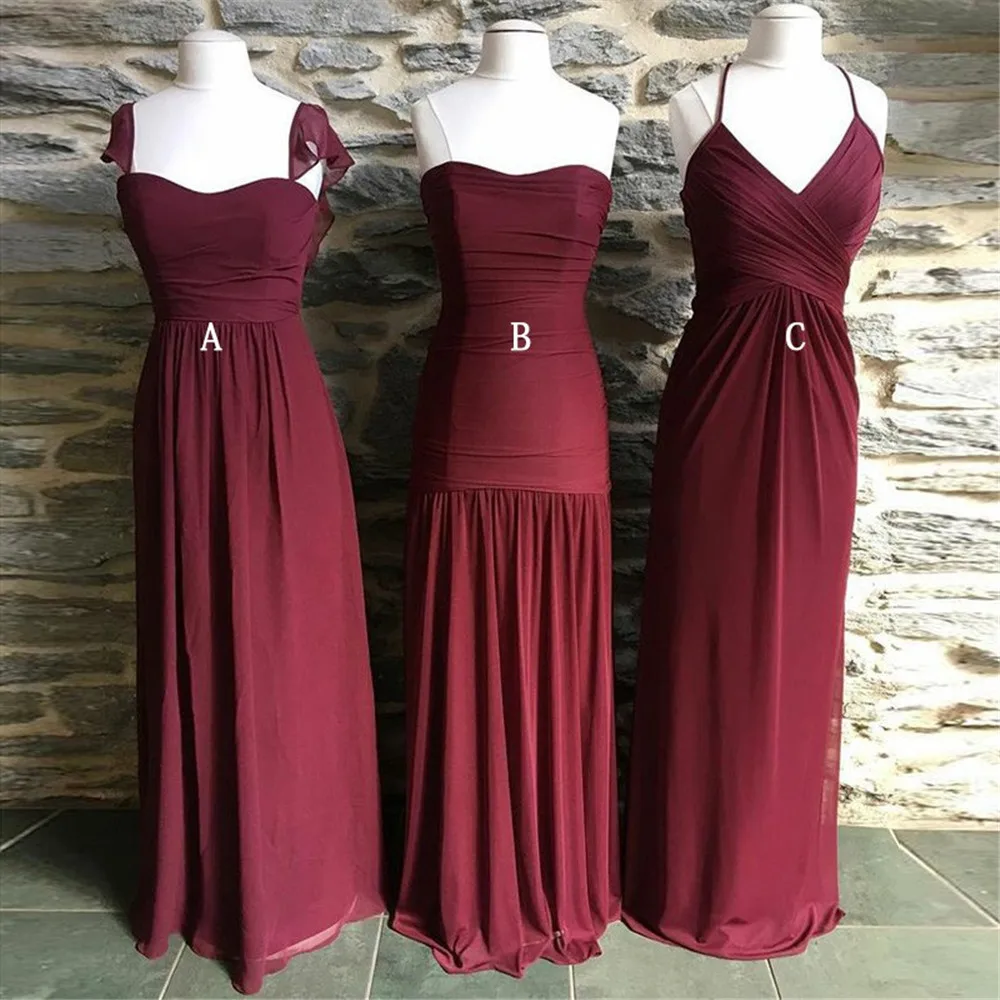 

3 Styles Long Bridesmaid Dresses Strapless A Line Floor Length Chiffon Wedding Party Gowns 2019 New Maid Of Honor Dress Cheap