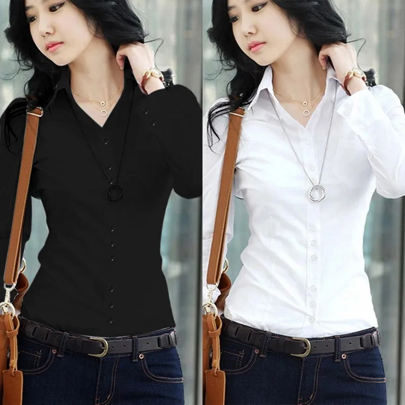 Модная летняя качественная Женская Офисная нарядная блуза с длинным рукавом и тонким воротником, Повседневная однотонная белая рубашка, топы