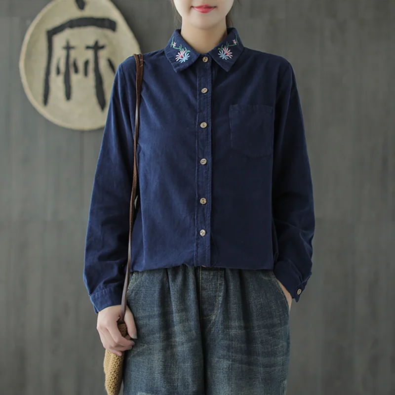 

Johnature Women Embroidery Corduroy Shirts Vintage Solid Color Blouses 2019 Casual Long Sleeve Tops Button Women Spring Shirts