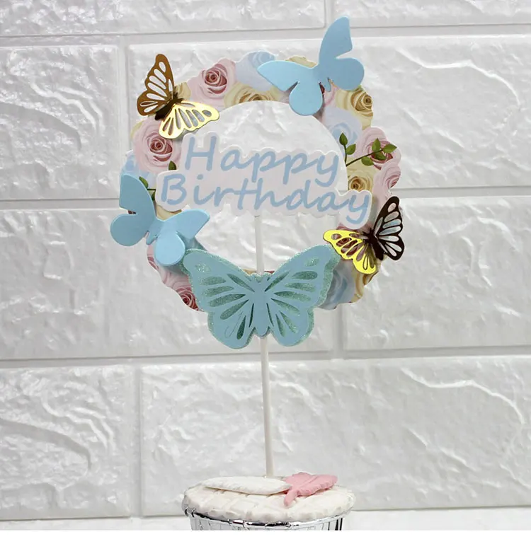 Розовые синие бумажные гирлянды с бабочками, топперы для торта с днем рождения, украшения для торта, вечерние принадлежности для дня рождения, свадьбы