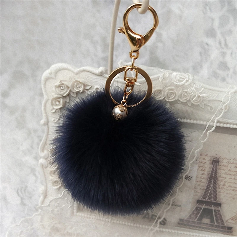 

Fluffy New Simulation Rabbit Fur Ball Keychain Fur Pompom 8CM Keychain For Bags&Cars Charm Pendant TKK009-navy