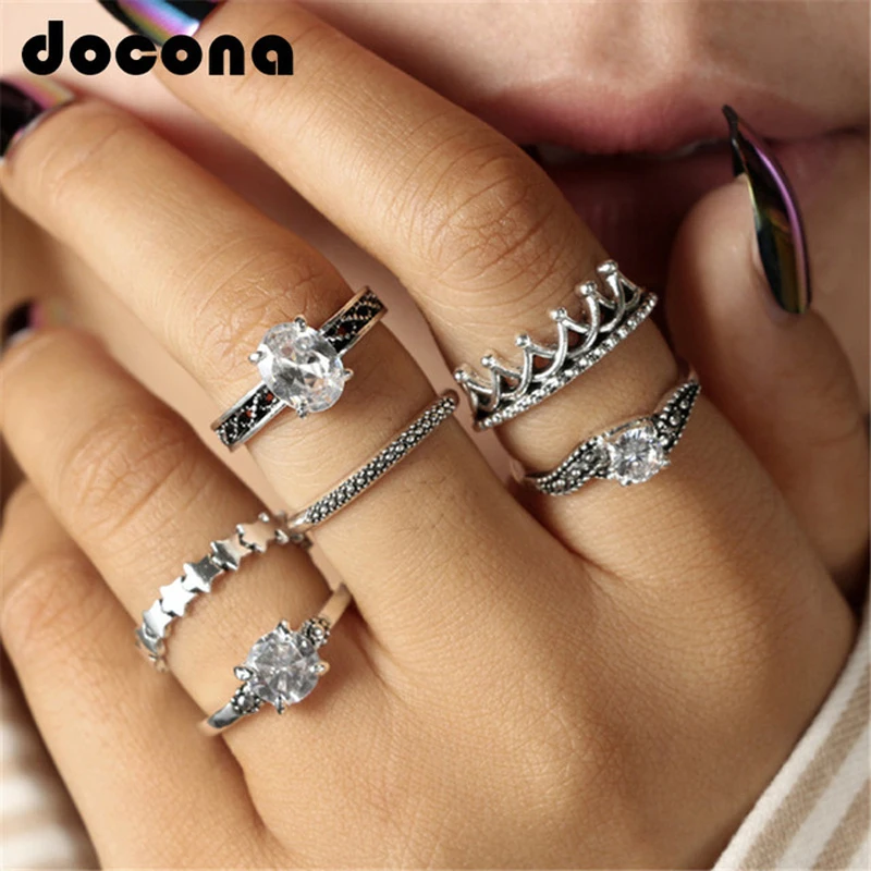 

Docona 6pcs/set Boho Vintage Silver Hollow Out Geometric Knuckle Midi Rings Sets Fashion White Crystal Finger Jewelry Women 4188