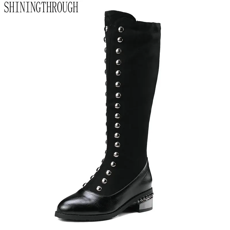 

NEW Spring Autumn Lacing Knee High Boots Women Fashion Black Square Heel Woman Leather Shoes Winter Large Size 34-43