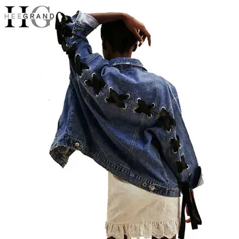 

Hee Grand 2018 Woman Autumn Denim Jacket Lace up Criss-Cross Jeans Coat Oversized Boyfriend Style Casual Outwear WWJ892