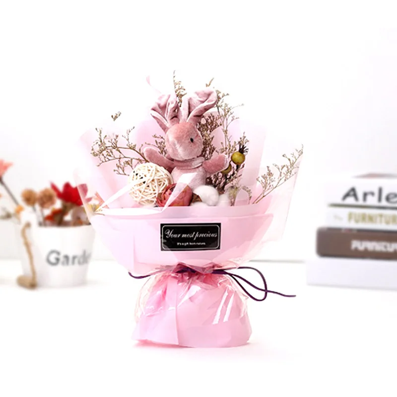 

New Wishing Rabbit Dry Flowers Bouquet Valentine's Day Dried Flower Gift Creative Mother's Day Gift PT26