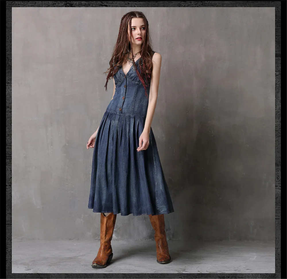 Vintage Summer Deep V-Neck Dress 2018 Boho New Denim Women Dresses Sleeveless A-line Swing Hem Sundresses Vestidos Femininas (10)