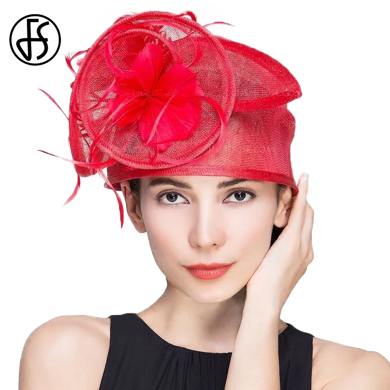 FS Sinamay Hats Women Fascinators For Wedding Dress Red Floral Linen