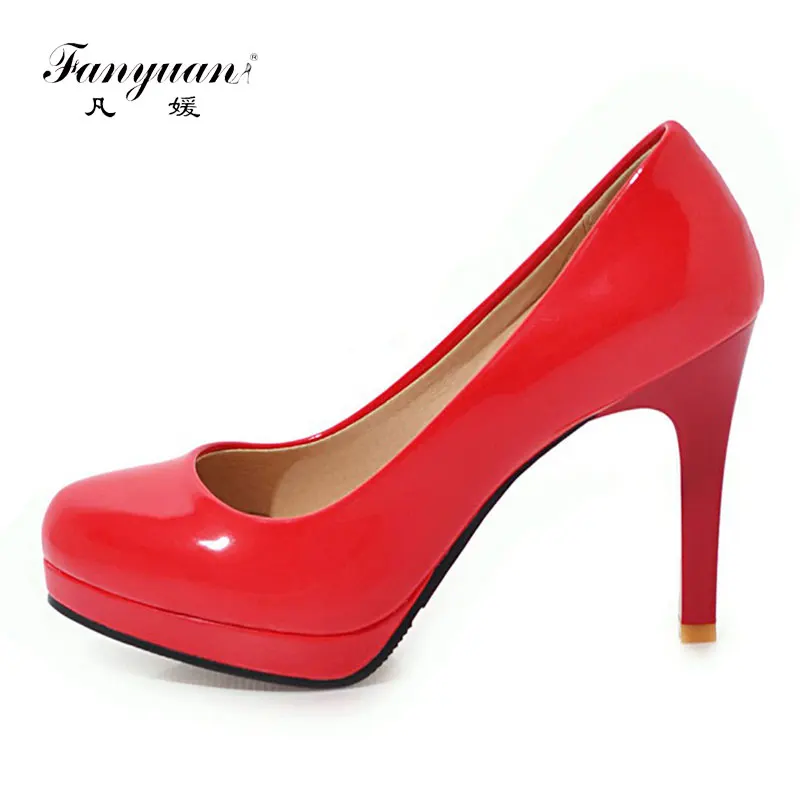 

Fanyuan Spring Solid Patent Leather Stiletto High Heels 10 inch Slip-On Platform Pumps Party Wedding Spike Heel Ladies Shoes