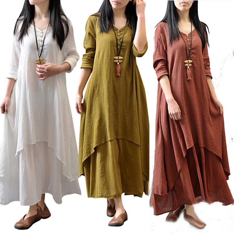 

M -5XL Plus Size Fashion Women's Peasant Ethnic Boho Loose Cotton Linen Long Sleeve Maxi Robe Dress Gypsy Blouse Shirt Dresses