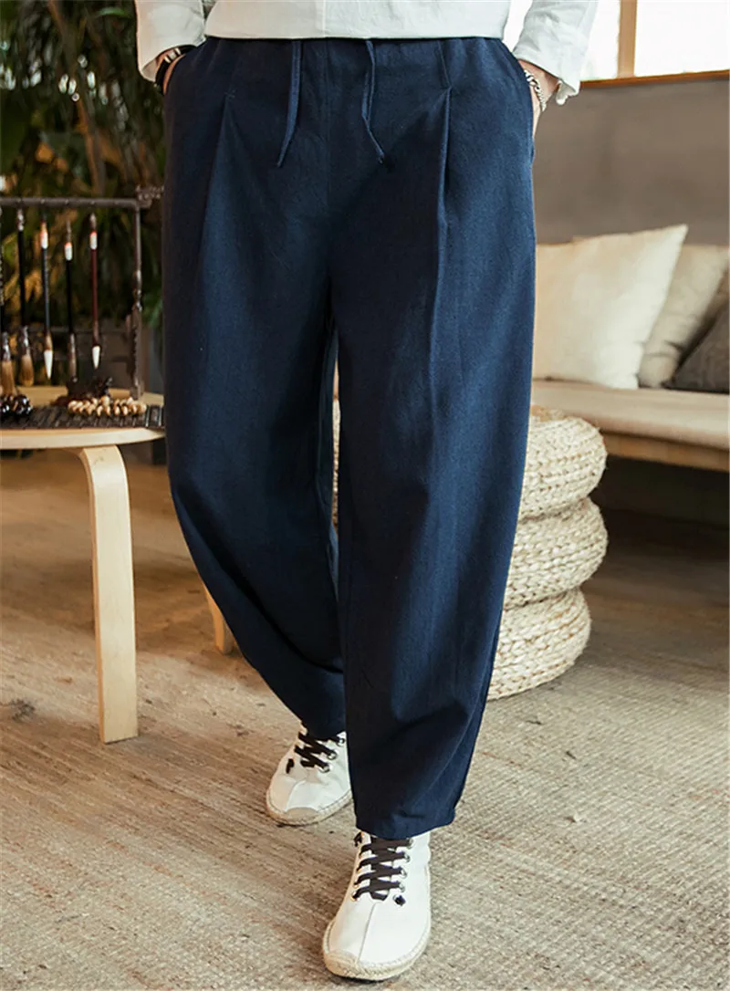 Осенние мужские длинные хлопковые льняные брюки больших размеров, штаны для бега, весенние повседневные Широкие штаны, Большие Размеры M-6XL 7XL