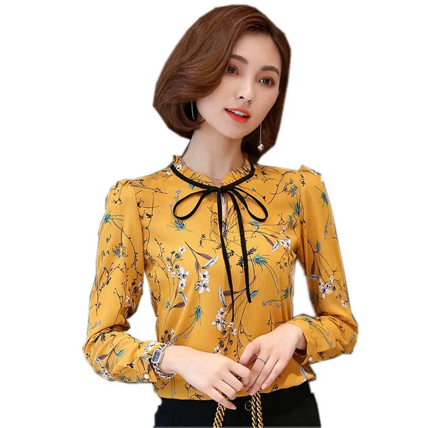 Long Sleeve Blouse Shirt Women Flower Printed Chiffon Tops