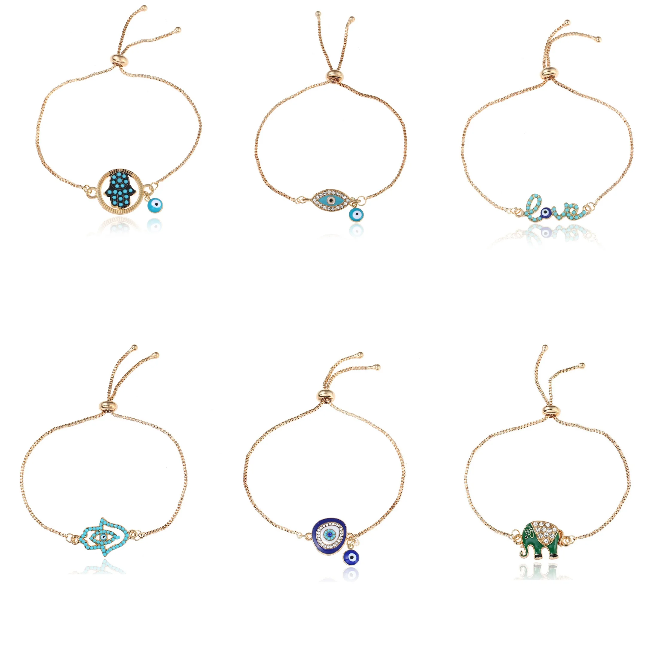

ZA 2018 Good Luck Hamsa hand Charm Blue Evil Eye Bracelet Turkey Fatima Hand Handmade Jewelry Gold Color Bracelet for woman gift