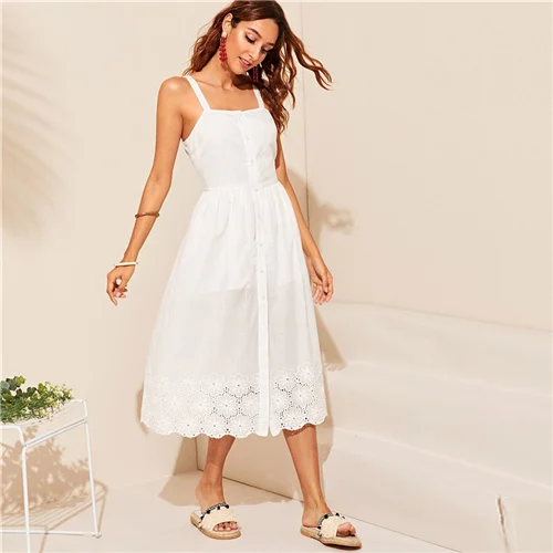 SHEIN белое вышитое летнее платье на пуговицах в стиле бохо, женское платье на бретелях в стиле ампир, однотонное облегающее и расклешенное длинное платье на бретельках - Цвет: Белый