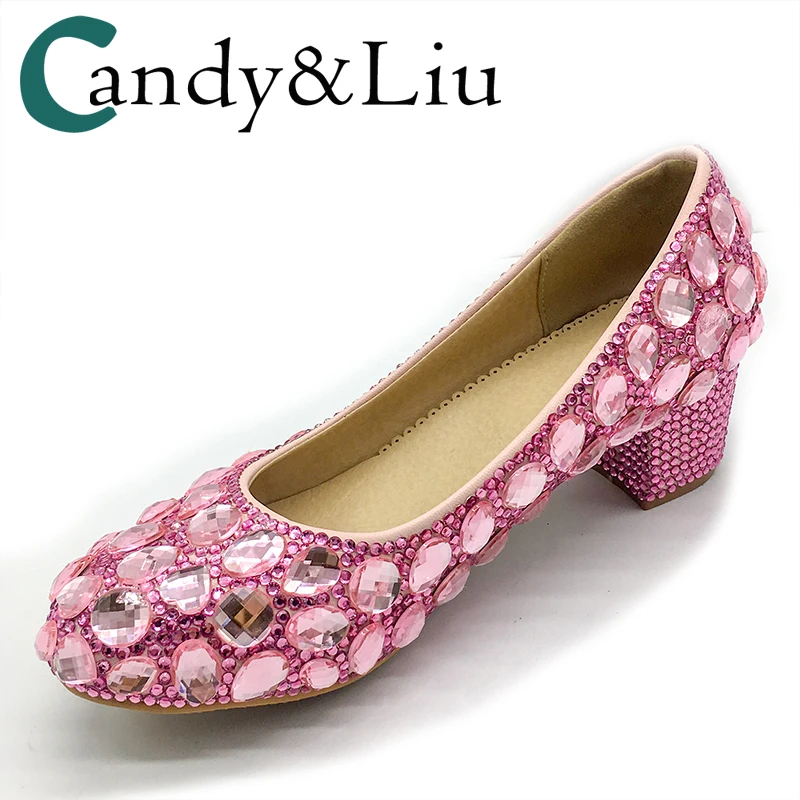 

Party Shoes Women Pumps Square Heel Round Toe Rhinestone Pink Custom Birthday Christmas Gift Chunky Heels Wedding Bride Shoes