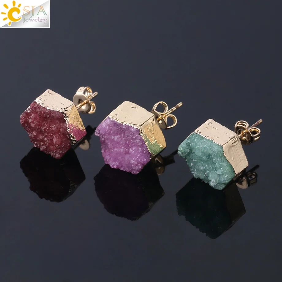 CSJA серьги-гвоздики с натуральным камнем для девочек, кристалл кварца Druzy Drusy, золотой цвет, Geode геометрический шестигранник рейки F857