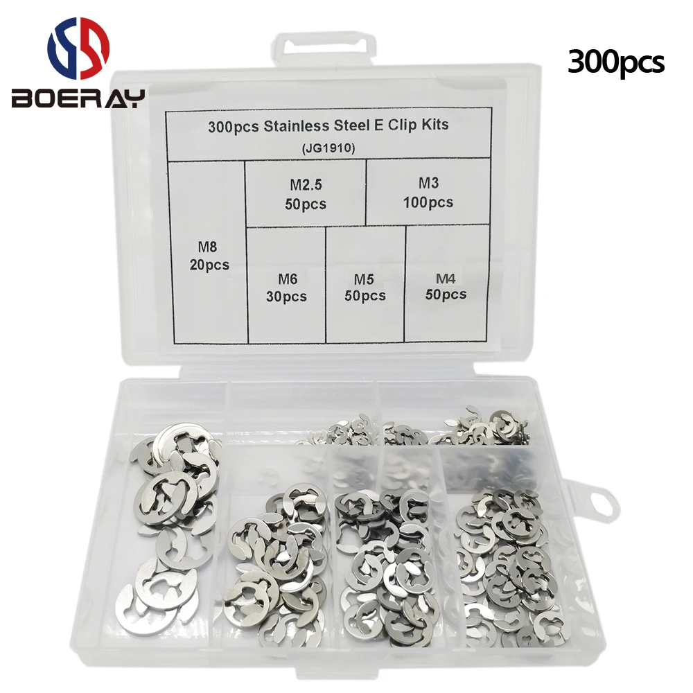 300pcs Stainless Steel E Clip Circlip Retaining Ring Washer Assortment