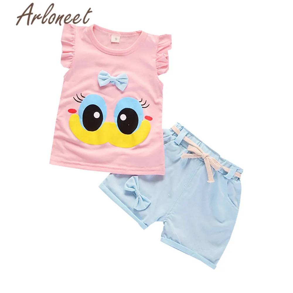 

ARLONEET Cute Clothes Toddler Baby girl costume Cartoon Dark Print Vest Tops Bownot shorts 2pcs kids 2019 girls summer outfits