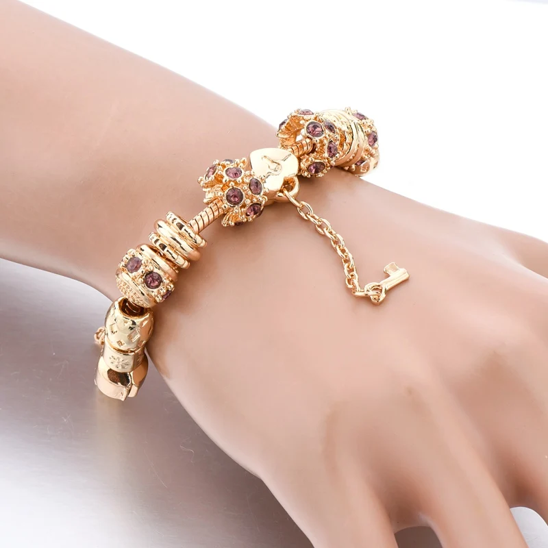 Модный Фиолетовый хрустальный ключ браслет для женщин золотые европейские бусы Сделай Сам браслеты и браслеты Pulseira SBR170014
