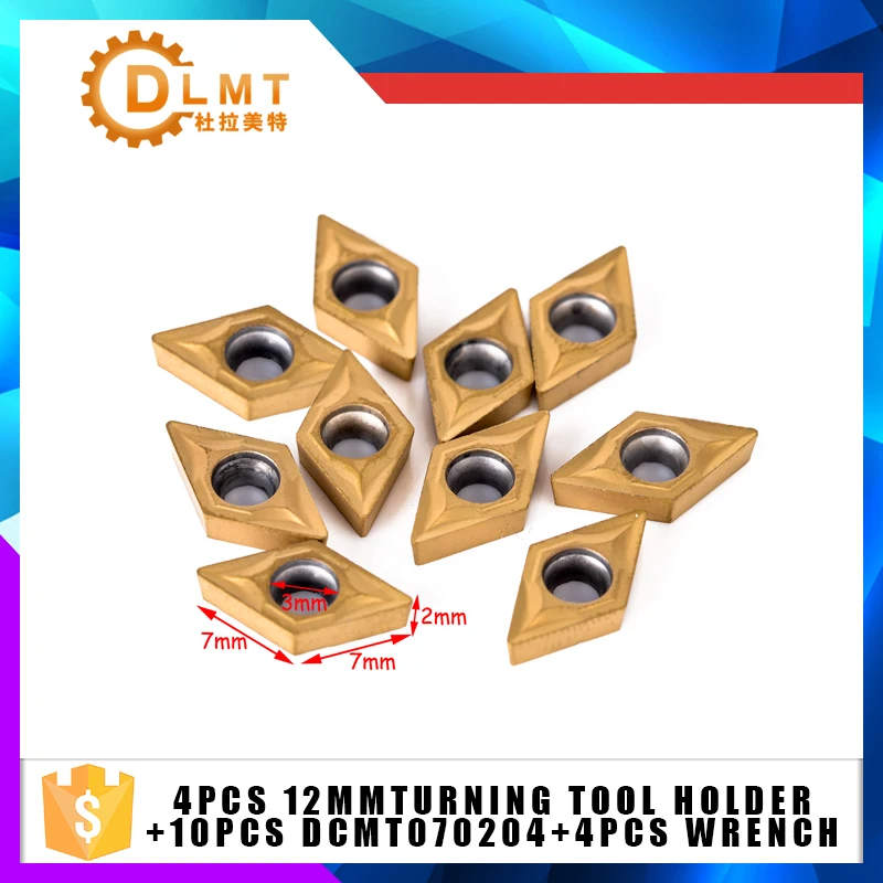 10 шт. DCMT070204 карбидные вставки+ 4Pcs12mm токарный инструмент держатель токарный станок расточной бар+ 4 шт. гаечный ключ