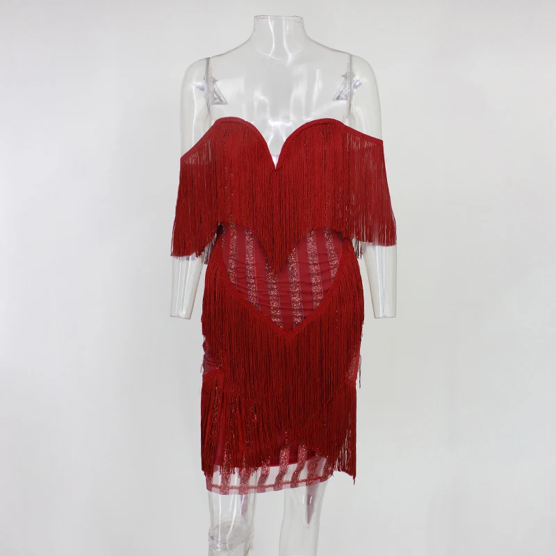 Tobinoone, летние вечерние платья с кисточками, женские сексуальные платья с v-образным вырезом без рукавов, Элегантные Осенние платья с блестками, винтажные платья с кисточками - Цвет: Красный