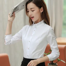 100% Cotton Shirt Women Long Sleeve Ruffled Button Solid Office Career Women Blouse Tops Casual Slim White Blusa Feminina Blusas