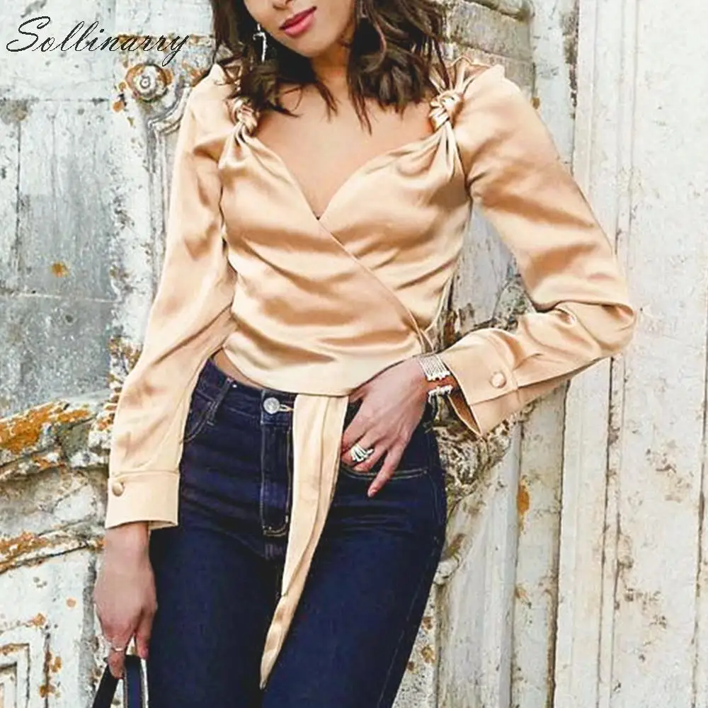 

Sollinarry Khaki Wrap Long Sleeve Tops Blouse Women Stain Bowknot Autumn Winter V Neck Top and Blouse Casual Fashion Shirts