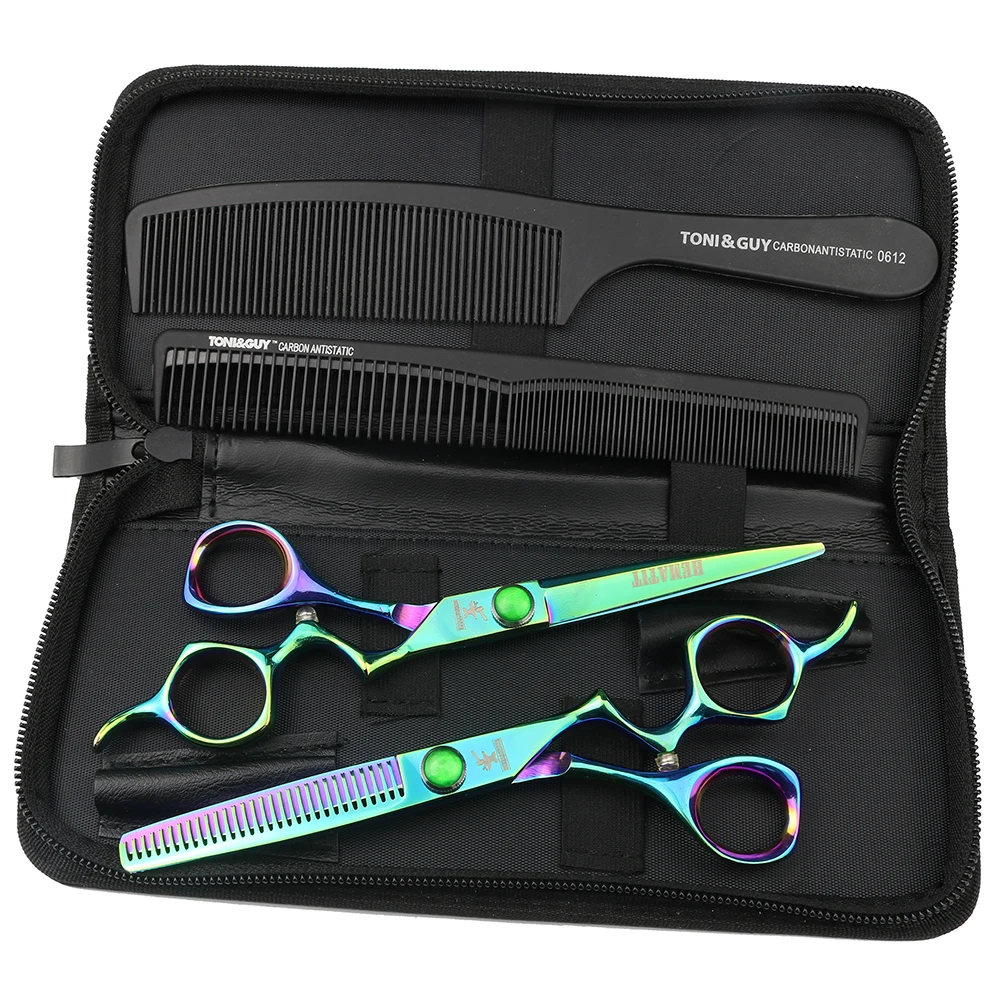 

6.0 inch unique curved handle emerald hairdressing scissors flat shear thinning scissors haircut essential set