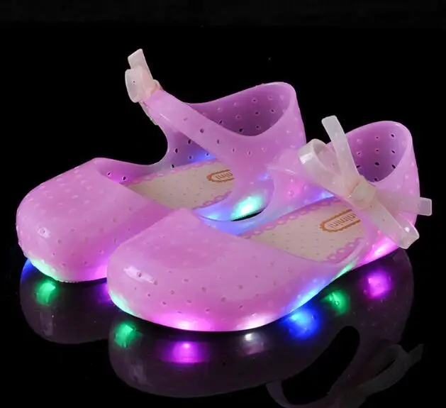 MERI AMMI Kids LED Colorful sandals mini shoe PVC soft outsole children girls bow knot shoes lightening bata children's sandals