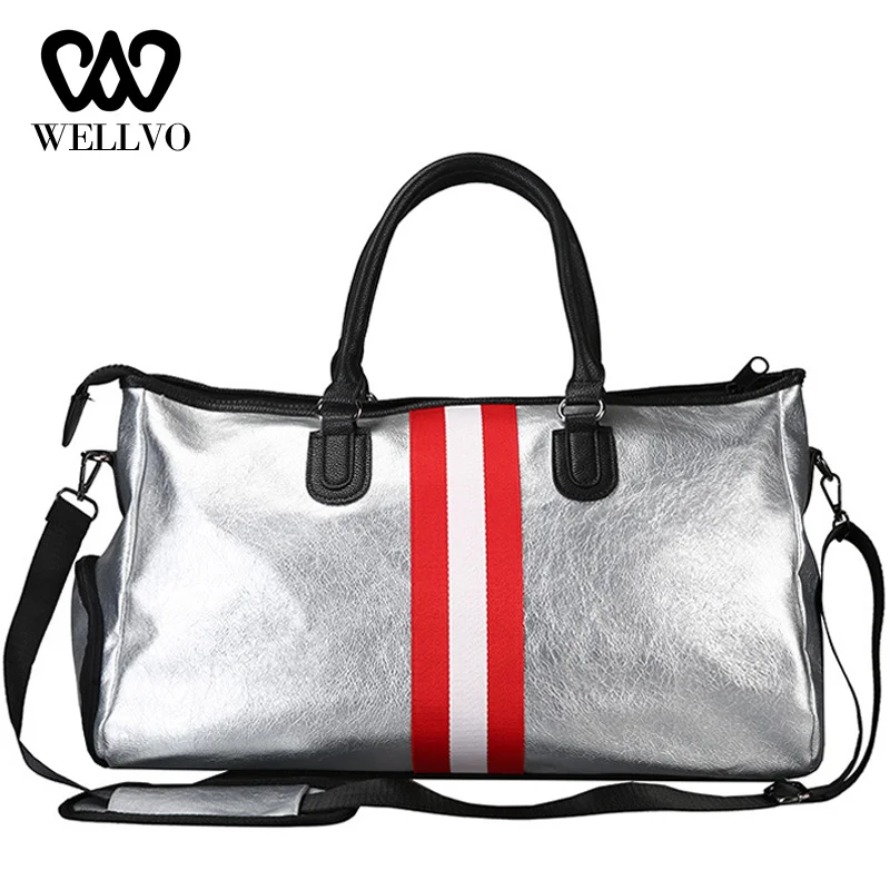 

Stripe Leather Travel Bag Women Duffle Hand Luggage Bags Portable Big Traveling Handbag Men sac Weekend Bag reisetasche XA726WB