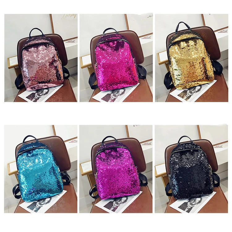 

Solid Color Simple Design Large Capacity Shining Sequins Can Reversible Ladies Backpack For travel,school bag