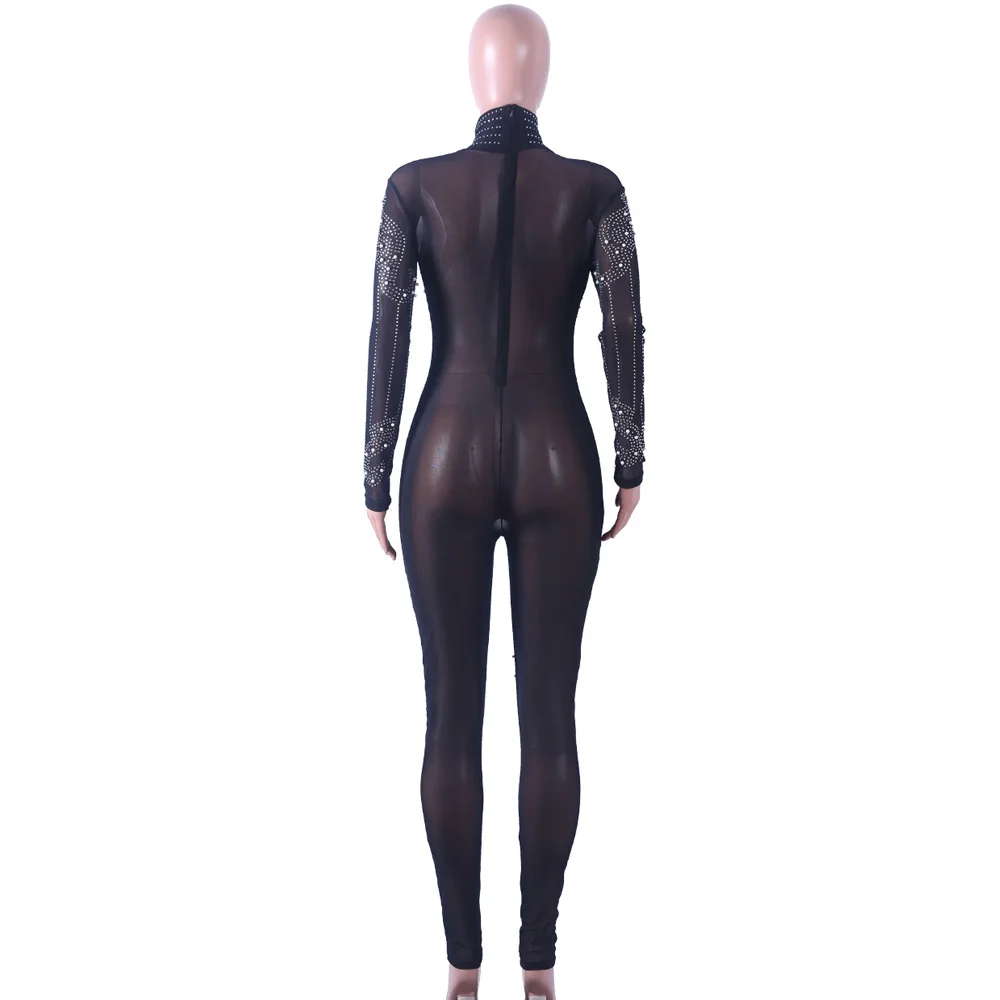 Women Beaded Embellish Jumpsuit Rhinestone Diamonds Overalls Mesh Patchwork See Through Skinny Bodysuits Clubwear Party Catsuit