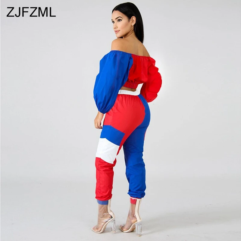 ZJFZML عارضة اثنين من قطعة مجموعة النساء قبالة الكتف كامل كم المحاصيل أعلى و منتصف Claf بانت الخريف وتتسابق الشارع الشهير 2 قطعة مجموعات