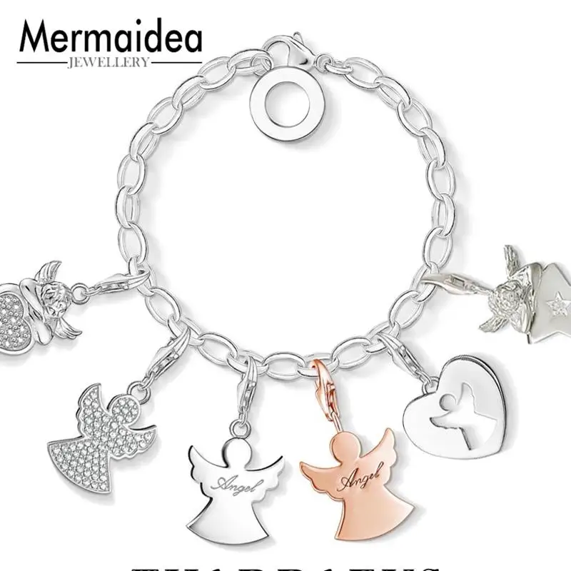 

Ange Guardian Angel Small Pendant Charms 925 Silver Zirconia Lobster Clasp Fit Bracelets DIY Jewelry For Women