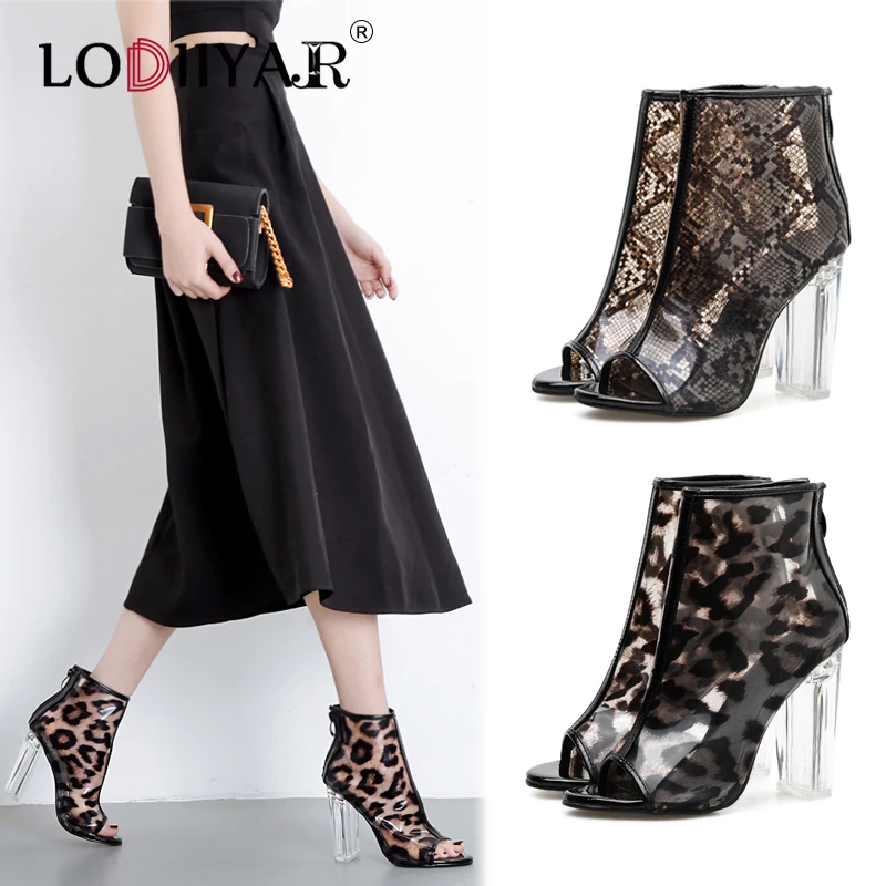 

Women Sandals Summer Roman Ankle Boots Zip High Heels Snake Leopard Print Transparent Heels Open Toe Sexy Crystal Party Shoes