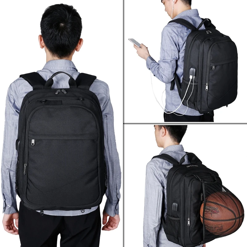 

Men's Laptop Backpack USB Charging Headphone Port Sports Basketball Net Bookbag