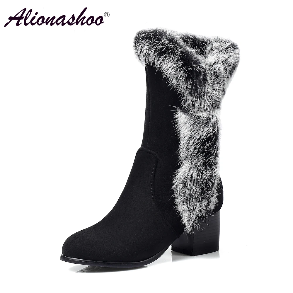 

Alionashoo Plus Size 45 Winter Boots Wool Fur Inside Warm Shoes Women Med Heels Flock Shoes Handmade Snow Boots Footwear Botas