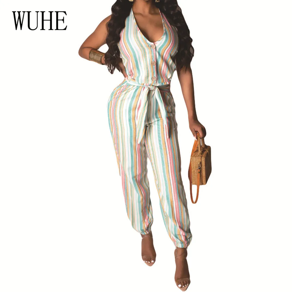 WUHE New Style Women Casual Striped Print Jumpsuits Sexy Hollow Out Elegant Lace-up Bodysuits Summer Leisure Go Out Playsuits WUHE New Style Women Casual Striped Print Jumpsuits Sexy Hollow Out Elegant Lace-up Bodysuits Summer Leisure Go Out Playsuits
