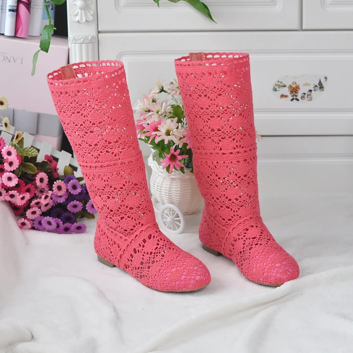 Meilleur 2018 Creux Bottes Chaussures Respirant Tricot Ligne Maille Coréenne Haute D été Femmes Bottes Genou Haute Femmes Chaussures