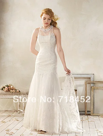 2014 modest vaina beach wedding dresses atado al cuello de encaje